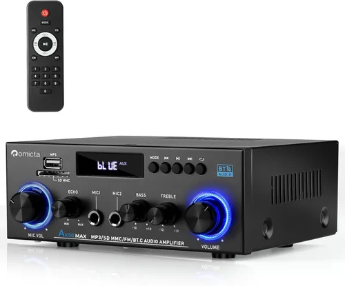 Vista 10 de Romica AK55 Amplificador de audio estéreo, 2 canales 500 W Bluetooth 5.0 amplificador de potencia de cine en casa con FM, Echo, AUX, USB, SD, MIC