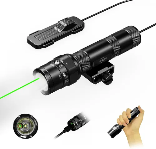 Combo de linterna de rifle con láser - Luz táctica de rifle verde de 1250 lúmenes, linterna táctica de arma con haz, linterna táctica, recargable