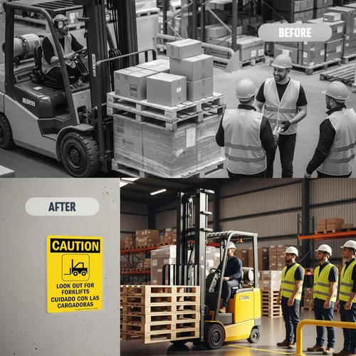 Vista 6 de SmartSign - S-8498-AL-14 Letrero bilingüe "Precaución - Cuidado con las carretillas elevadoras" Aluminio de 10" x 14