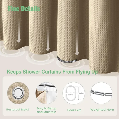 Vista 323 de Cortina de ducha de tela Dynamene verde oscuro - Cortinas de baño de tela de nido de abeja texturizadas resistentes, juego de cortinas de baño