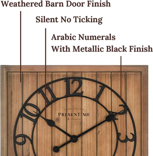 Vista 3 de Presentime & Co - Reloj cuadrado de madera con puerta de granero Shiplap de 21 pulgadas, abeto, número arábigo, decoración del hogar, decoración