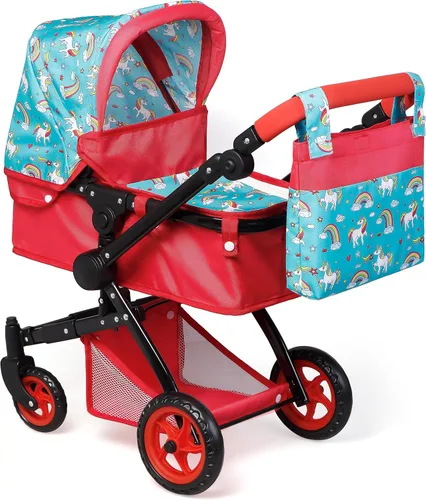 Vista 9 de Fash N Kolor Cochecito plegable para muñeca de bebé con diseño de flores con rueda giratoria con asa ajustable para moisés con muñeca, asiento