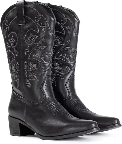 Vista 7 de IUV - Botas de cowboy para mujer, con punta puntiaguda, botas vaqueras occidentales para mujer, botas de vaquera a media pantorrilla