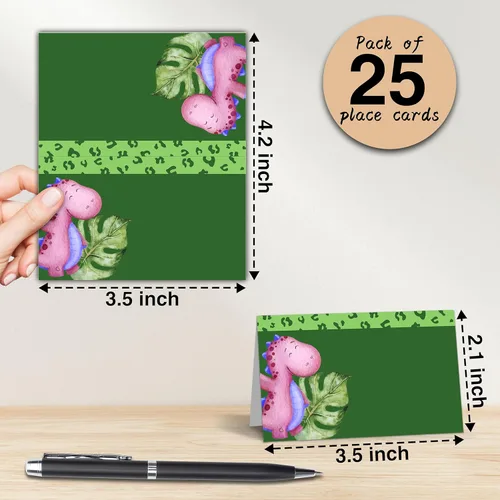 Vista 2 de Tarjetas de lugar de dinosaurio para colocar la mesa, 25 tarjetas de lugar con nombre de media pliegue, tarjetas estilo tienda de campaña