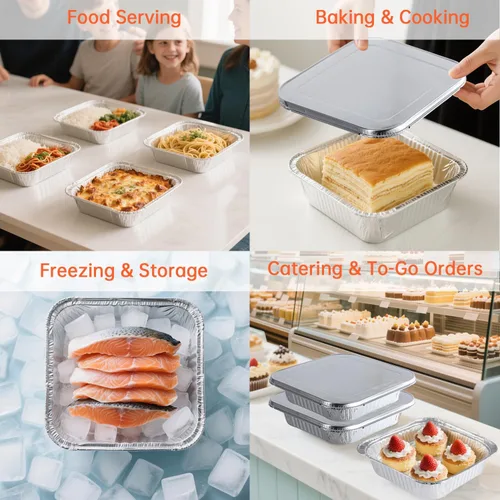 Vista 6 de Sartenes de aluminio de 8 x 8 con tapas, paquete de 10 bandejas desechables para hornear, sartenes de aluminio con tapas para cocinar en vacaciones