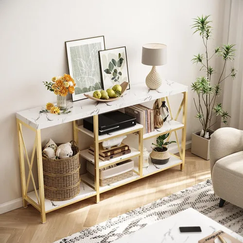 Vista 4 de Mesas de consola para sala de estar, mesa de sofá larga y estrecha, mesa de entrada de 55 pulgadas, mesa de pasillo/estantería con estantes
