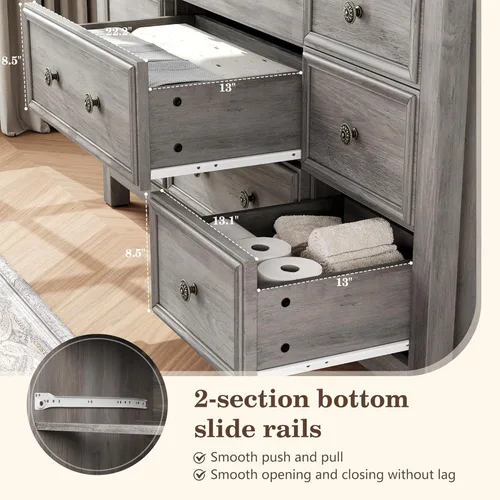 Vista 8 de HolliWill Cómoda gris de 9 cajones, cómoda grande de 57 pulgadas para dormitorio, cajones de madera con mango de metal, soporte de TV para TV de 70