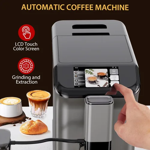Vista 4 de Garvee Máquina de café expreso totalmente automática con molinillo integrado y espumador de leche, cafetera para 4 bebidas y café con leche