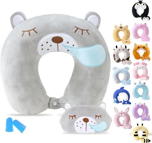 Vista 16 de Cirorld - Almohada de viaje para niños y adultos, linda almohada de cuello para viajar, espuma viscoelástica para avión, máscara para dormir
