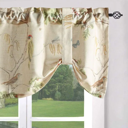 Vista 10 de Leeva - Cortinas azules con nudo para ventanas de cocina, estampado de pájaros, lino con bolsillo para varilla, textura para cortina pequeña