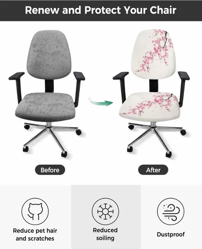 Vista 2 de Funda elástica para silla de oficina con diseño de flores de cerezo, funda de asiento para silla de computadora, funda para respaldo, rosa