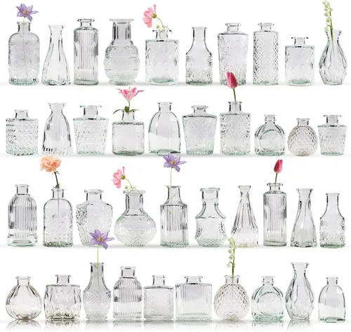 Vista 8 de Jarrón de Vidrio para Flores, Cilíndrico Transparente, Estilo Vintage, Centro de Mesa para Bodas (Transparente, 5 Piezas)