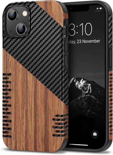 Vista 22 de TENDLIN Compatible con Funda para iPhone 14 de Grano de Madera con Diseño de Textura de Fibra de Carbono, Funda Híbrida de Cuero delgada Negra