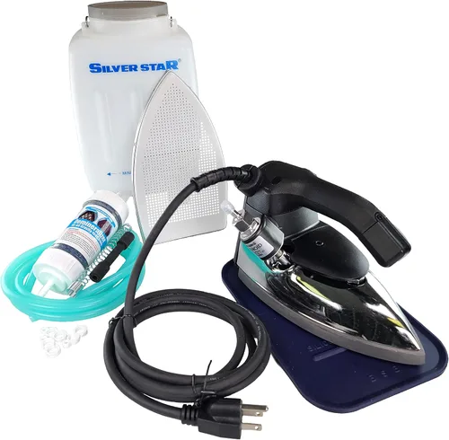 Silver Star Plancha de vapor ES-90A – 110 voltios alimentada por gravedad para botella colgante con placa de suela laminada antiadherente, cartucho