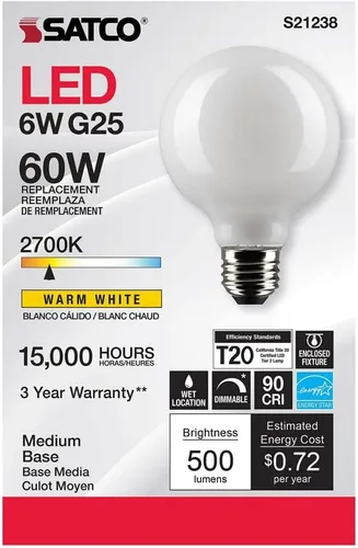 Vista 4 de Satco 6Pk 6w G25 Globo Filamento LED 2700K E26 Base Blanco Regulable - 60W Equiv