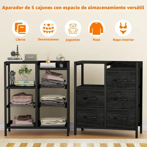 Vista 5 de Furnulem Cómodas Negras de 5 Cajones para Dormitorio Estante de 2 Niveles Almacenamiento Cómoda de Tela Pequeña para Closet Marco de Metal