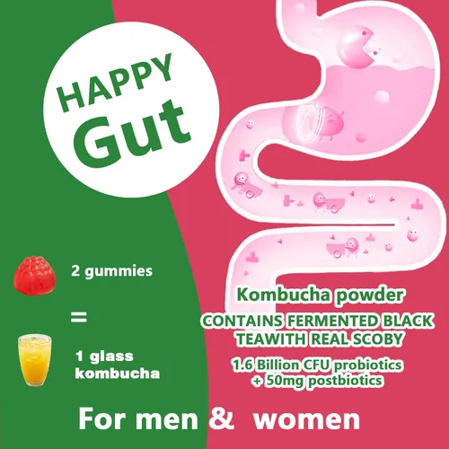 Vista 7 de Gomitas probióticas de kombucha: prebióticos, probióticos, postbióticos, suplemento de fibra, olmo resbaladizo para hinchazón, salud intestinal