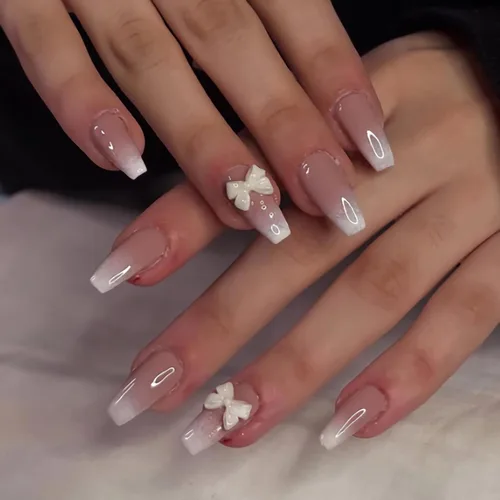 Vista 28 de BABALAL Uñas postizas a presión con forma de ataúd, uñas acrílicas largas, color azul y rosa, pegamento brillante en dije de corazón 3D, bonito