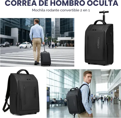 Vista 2 de Mochila con Ruedas, Mochila Impermeable con Ruedas para Viajero de Negocios, Mochila de Equipaje de Mano con Compartimento para Laptop, Compatible