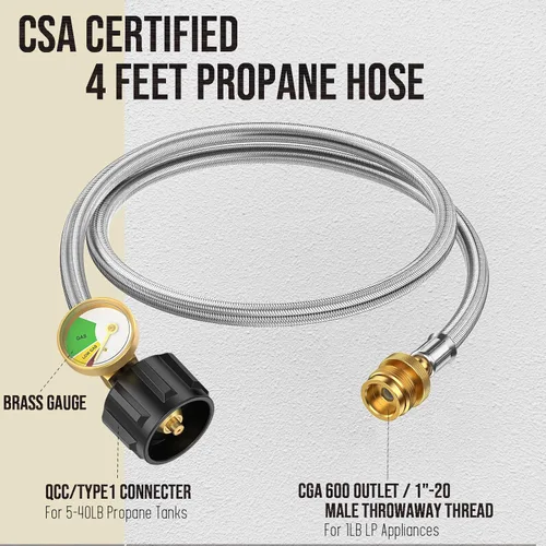 Vista 2 de Manguera adaptadora de propano de 4 pies, convertidor de 1 lb a 20 lb con medidor para tanque QCC1 conecta un aparato portátil de 1 lb a tanque