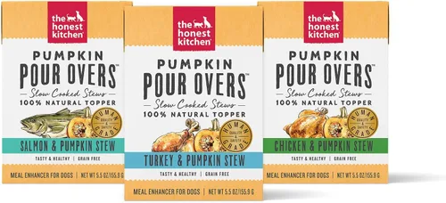 Vista 11 de The Honest Kitchen Pumpkin POUR OVERS - Toppers húmedos para perros (paquete de 12), 5.5 onzas, estofado de pollo