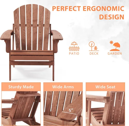 Vista 5 de Silla Adirondack plegable de madera de gran tamaño con respaldo y tablero de asiento premontados, silla de descanso para patio al aire libre