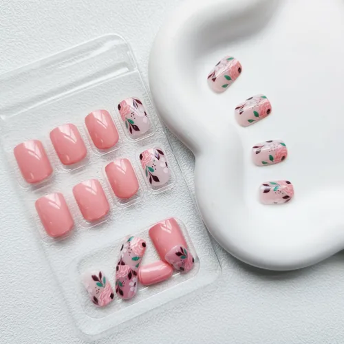 Vista 3 de Uñas postizas cuadradas cortas a presión, uñas postizas de cobertura completa con diseño de flores rosas, uñas acrílicas brillantes, uñas postizas a