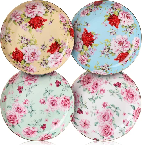 BTaT - Juego de 4 platos florales de postre de cerámica, 8 pulgadas, colores surtidos con borde dorado, platos florales de porcelana profunda, aptos