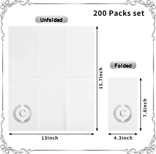 Vista 2 de Paquete de 200 servilletas desechables con monograma de papel de aluminio plateado con letra C para invitados, toallas de papel desechables