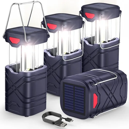 Vista 9 de LETMY Paquete de 4 linternas de campamento, linternas LED recargables, faroles solares con batería para huracanes con 3 vías de alimentación y cable