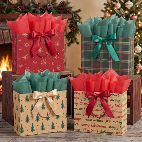 Vista 8 de Silkfly Paquete de 12 bolsas de regalo de papel de Navidad de tartán