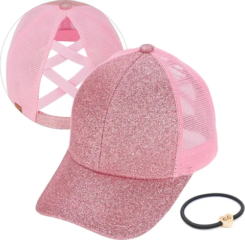 Vista 25 de C.C Gorra de béisbol de malla con diseño de estrella brillante, gorra de camionero ajustable para moño o cola de caballo Una banda elástica-negro