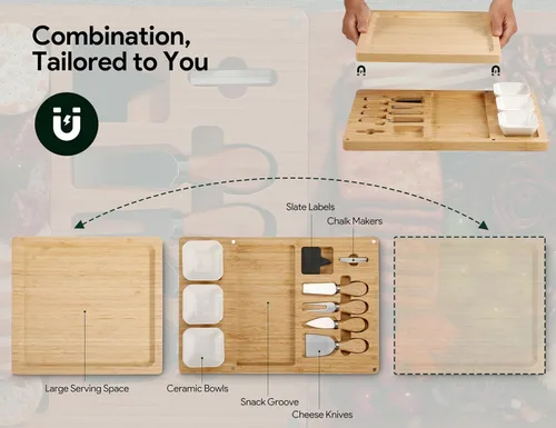 Vista 7 de Easoger Juego de Tablas de Charcutería - 3 en 1 Magnético Tabla de Queso Extra Grande con 3 Tazones, Regalos de Inauguración de Casa Nuevo Hogar