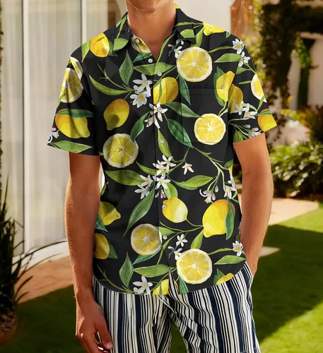 Vista 31 de Camisa hawaiana para hombre, manga corta, tropical, con botones, casual, verano, playa, vacaciones Camisas de playa negras para hombre