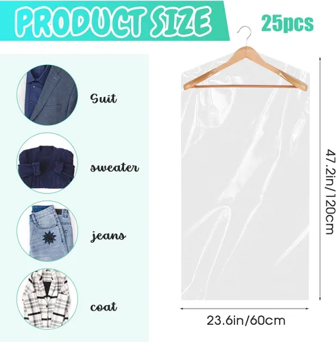 Vista 2 de Paquete de 25 bolsas de plástico para limpieza en seco de 23.6 x 47.2 in, bolsas para colgar ropa, fundas de traje, fundas de ropa a prueba de polvo