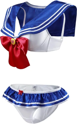 Vista 6 de Littleforbig Conjunto de lencería sexy con cuello marinero sin mangas, espalda descubierta, bikini para niñas