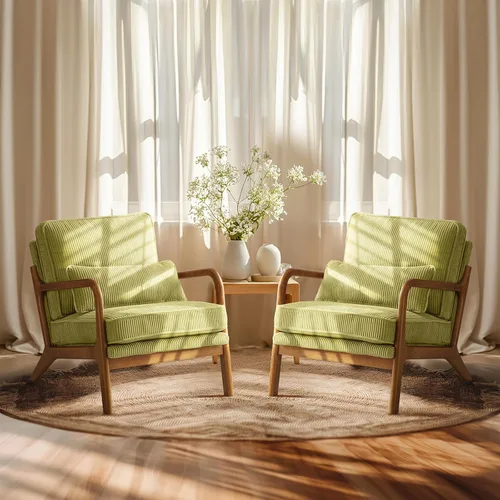 Vista 17 de VINGLI Juego Mejorado de 2 Sillones de Acento de Pana Premium, Sillón Tapizado con Brazos, Silla de Lectura Cómoda de Madera Maciza con Almohada