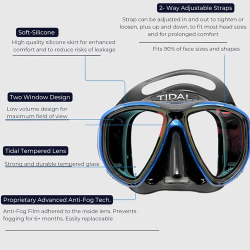 Vista 3 de Máscara Tidal - Máscara avanzada de buceo antivaho para buceo, esnórquel, buceo libre y natación. Lente de vidrio templado gran angular. La mejor