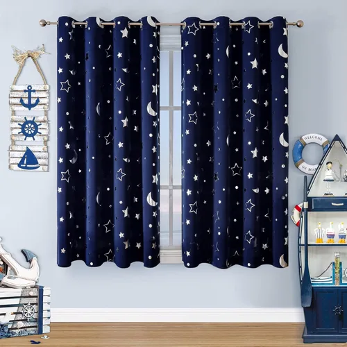 Vista 16 de WUBODTI Cortinas grises 100% opacas con diseño de estrellas para habitación de niños, 45 pulgadas de largo, juego de 2 paneles de cortinas