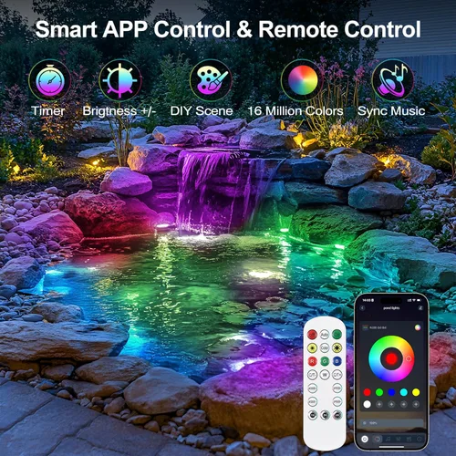 Vista 3 de Luz de estanque RGB con aplicación, luces de fuente de rana de 6 W con transformador de 12 V, luces de estanque subacuáticas impermeables IP68