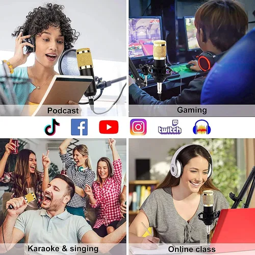 Vista 5 de Paquete de equipo de podcast, kit de micrófono BM-800 con tarjeta de sonido en vivo, brazo de suspensión ajustable para micrófono de tijera, montura