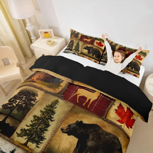 Vista 6 de Funda de edredón rústica tamaño Queen, juego de ropa de cama retro para cabaña de cabaña, oso de caza, ciervo, hojas de arce, funda de edredón