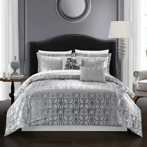 Vista 6 de Chic Home Shefield Geometric Gold Tone Metallic Lattice Pattern Print Bedding-Decorative Pillows Shams Included, Twin, Beige
