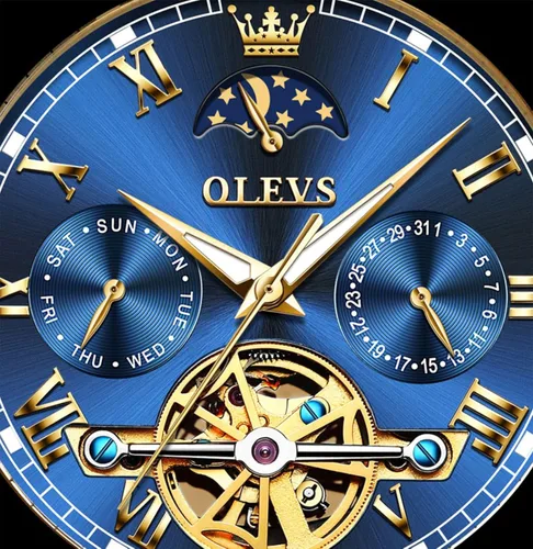 Vista 8 de OLEVS Relojes automáticos de cuerda automática para hombre fecha y día calendario relojes de acero inoxidable movimiento de esqueleto Tourbillon sin