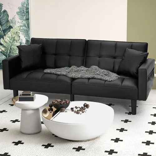 Vista 7 de AVAWING 74" Faux Leather Futon Sofa Bed with Adjustable Backrest 3 in 1 Convertible Futon Couch with 2 Square Pillows & Side Pockets Modern Loveseat