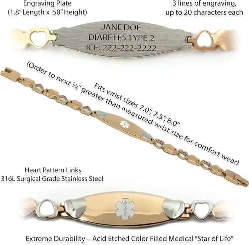 Vista 2 de Pulsera de alerta médica para mujer, joyería de eslabones de corazón de oro rosa, negro y plata, grabado, envío y tarjeta de alerta incluida