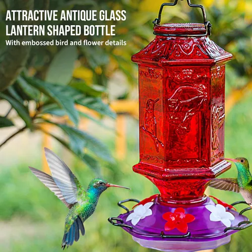 Vista 3 de Comedero para colibríes para exteriores, botella en forma de linterna, 6 puertos de alimentación de flores de imitación, 26 onzas líquidas, colgante