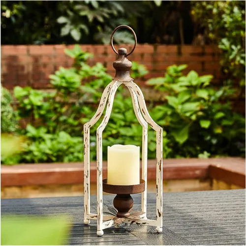 Glitzhome Faroles de granja decorativos para interiores y exteriores, de 16.5 pulgadas de alto, faroles de metal blanco, portavelas colgantes para