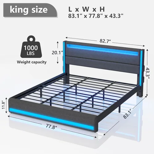Vista 2 de Base de cama King con cabecero y luces LED, plataforma tapizada con estación de carga USB, cama tamaño King con soporte de metal y estribo,