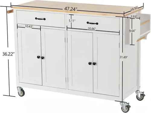 Vista 154 de LUMISOL Carrito de isla de cocina con ruedas de bloqueo con 2 cajones y 4 gabinetes, isla de cocina rodante con estantes ajustables, mesa de madera